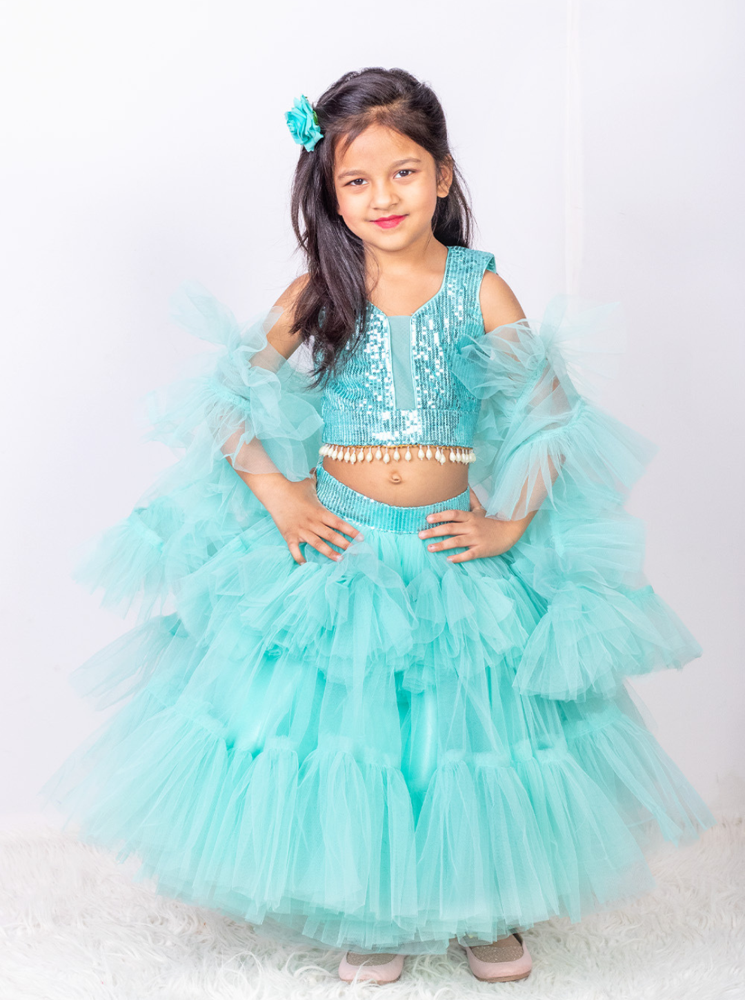 Sea Green Sequins and Net Ruffled Lehenga