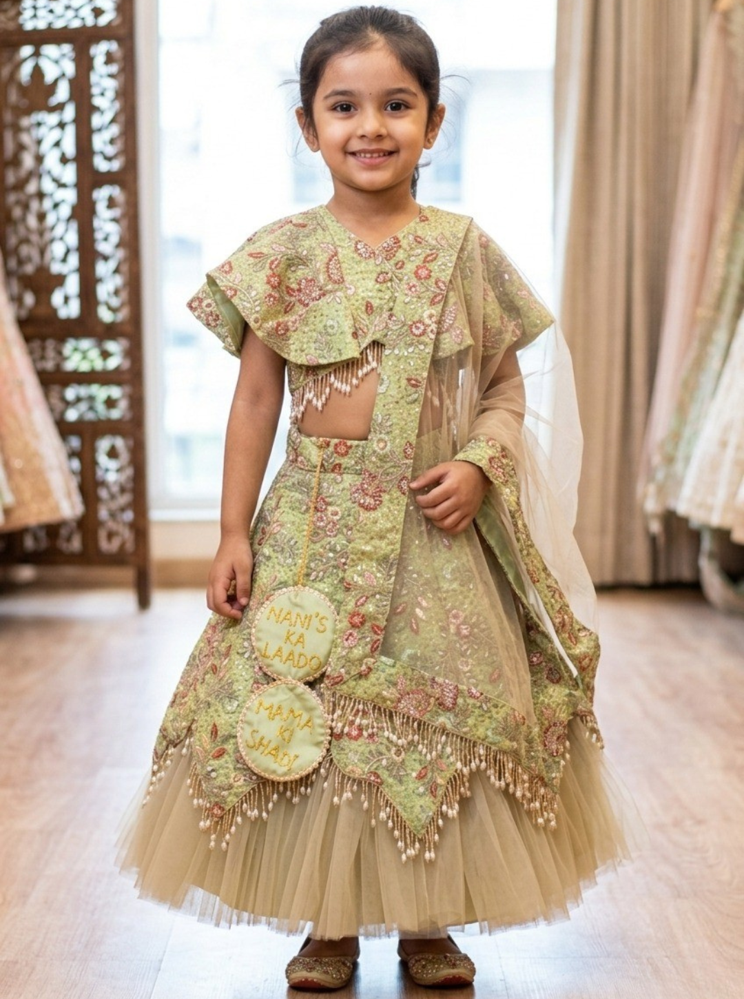 Embellished Sage Green Cape Style Lehenga Choli