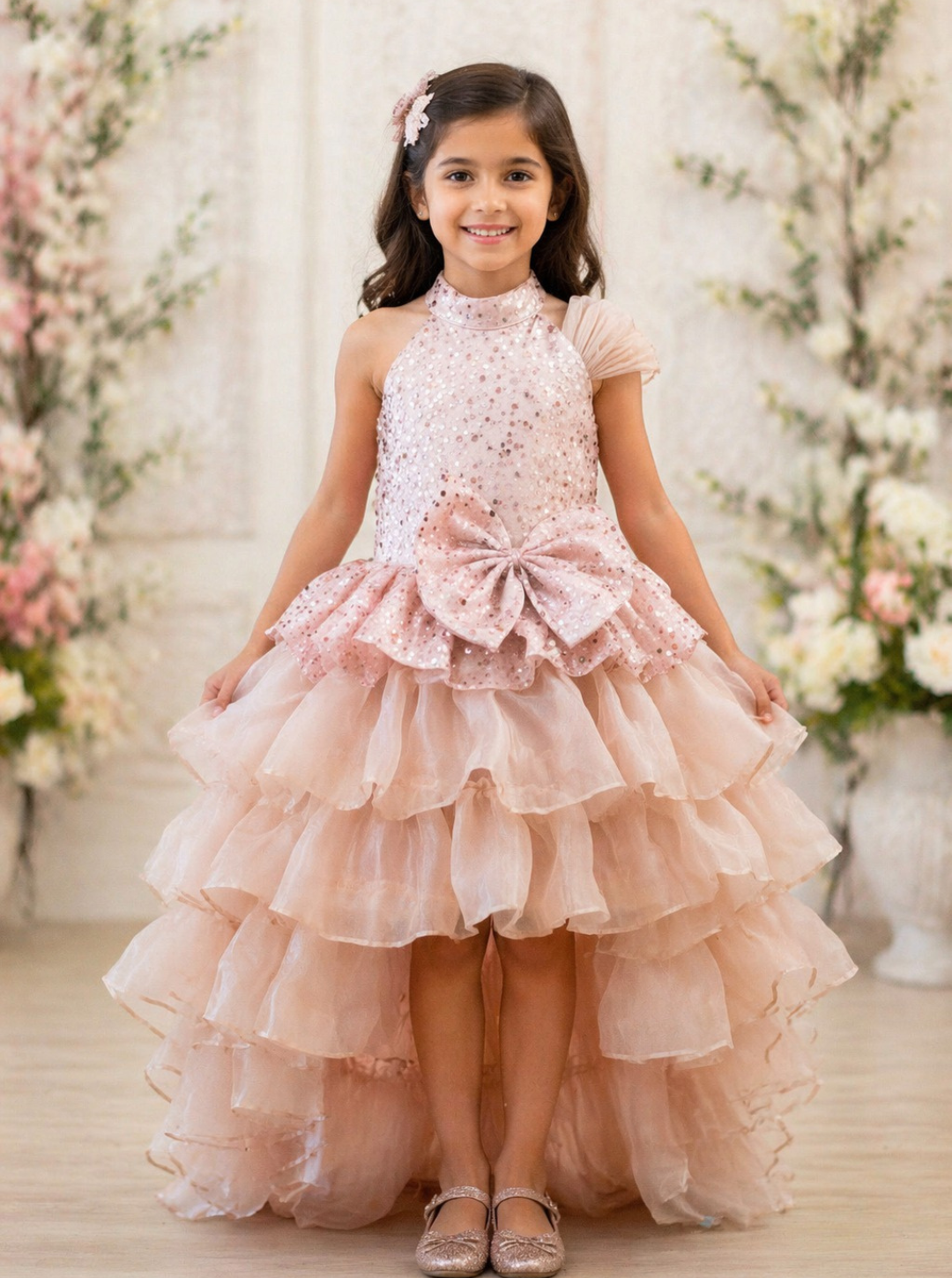 Rose Gold Sequined High Low Trail Gown