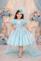 Pastel Blue Hand Embroidered Dress with Back Bow