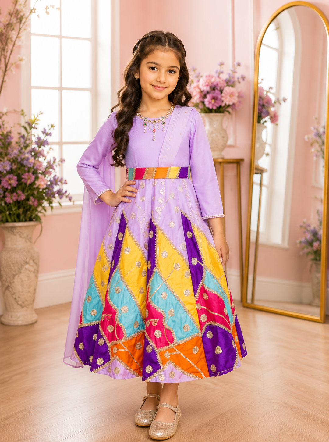 Multi Color Lavender Ethnic Gown with Necklace