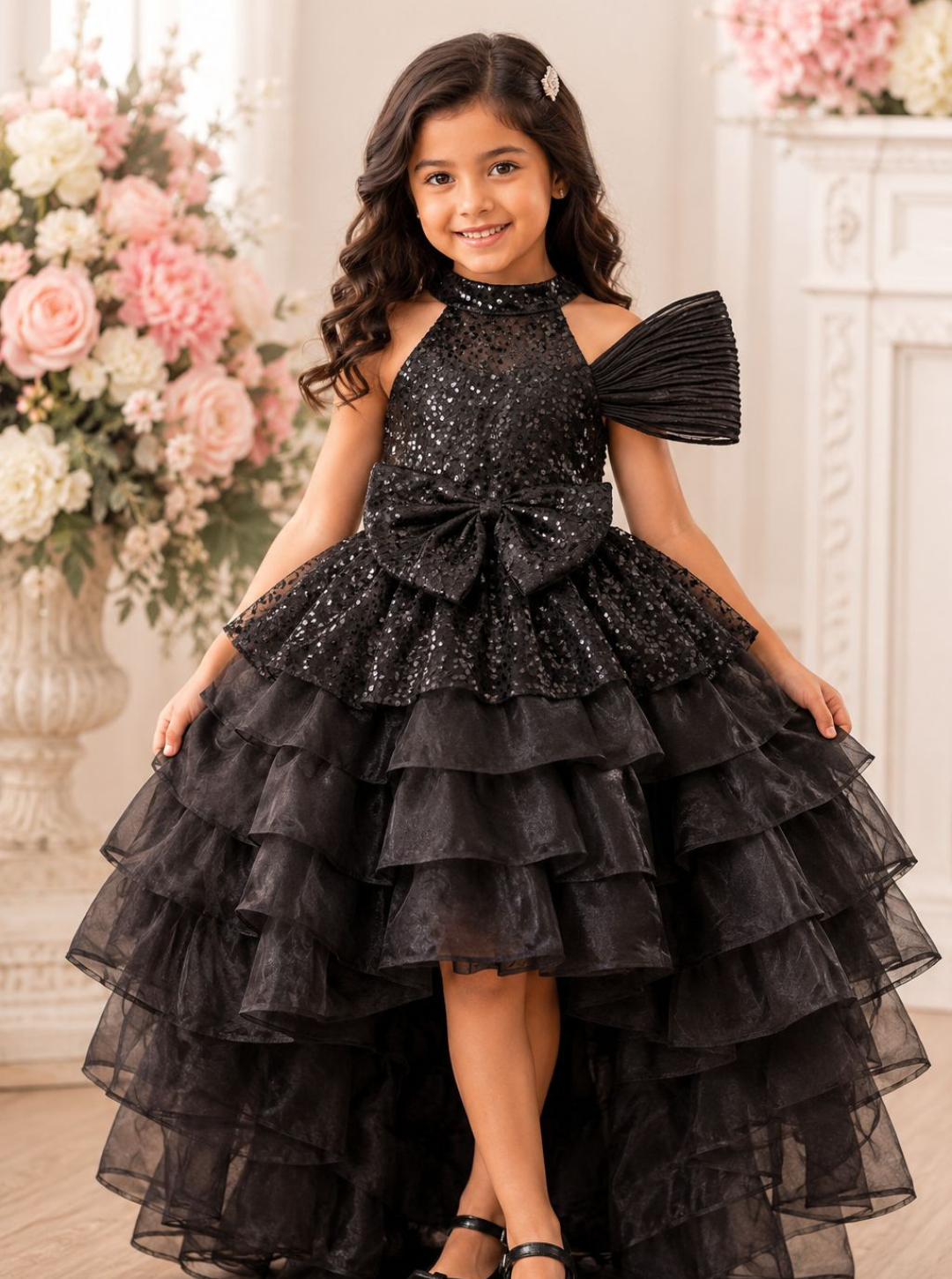 Black Sequined High Low Trail Dress