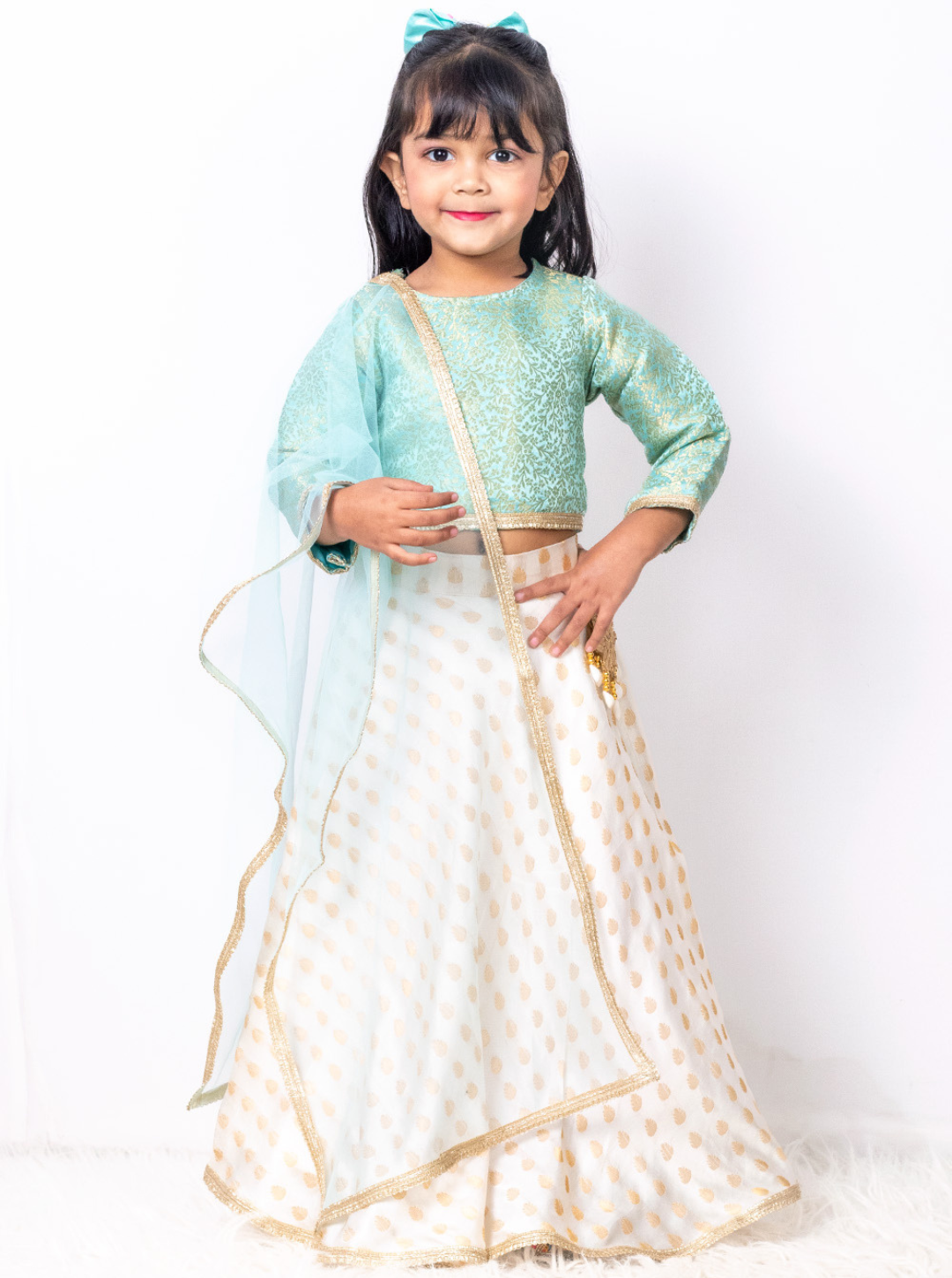 White and Light Blue Brocade Lehenga