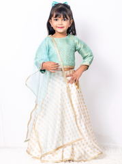 White and Light Blue Brocade Lehenga
