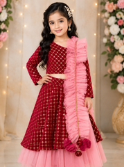 Maroon Velvet One Off Shoulder Lehenga