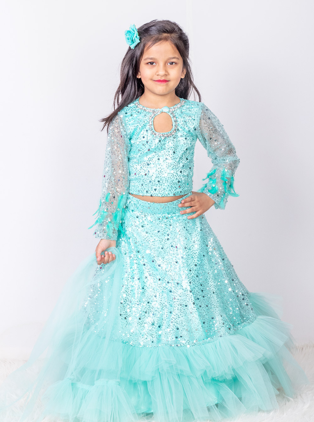 Sky Blue Fully Embroidered Ruffled Lehenga