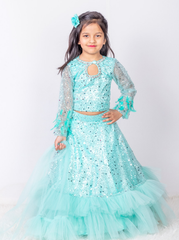 Sky Blue Fully Embroidered Ruffled Lehenga