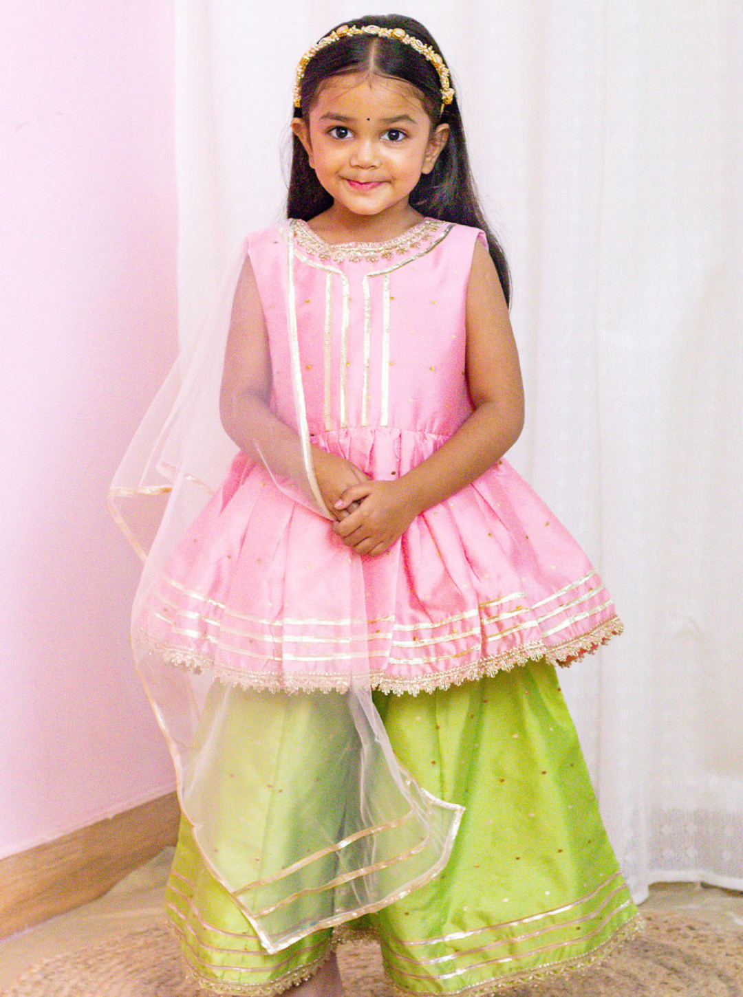 Pink and Green Silk Sharara Suit