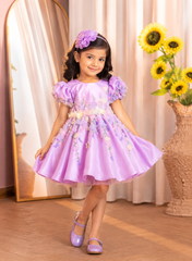 Lavender Hand Embroidered Dress with Back Bow