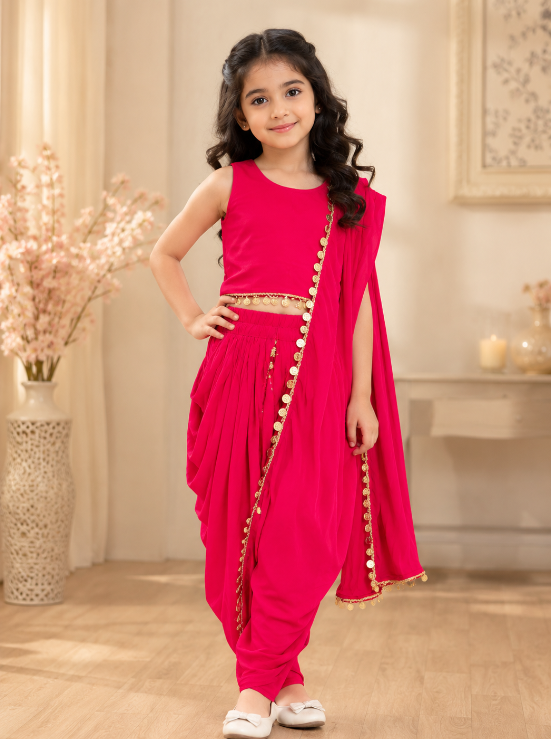 Hot Pink Crepe Dhoti Saree with Blouse