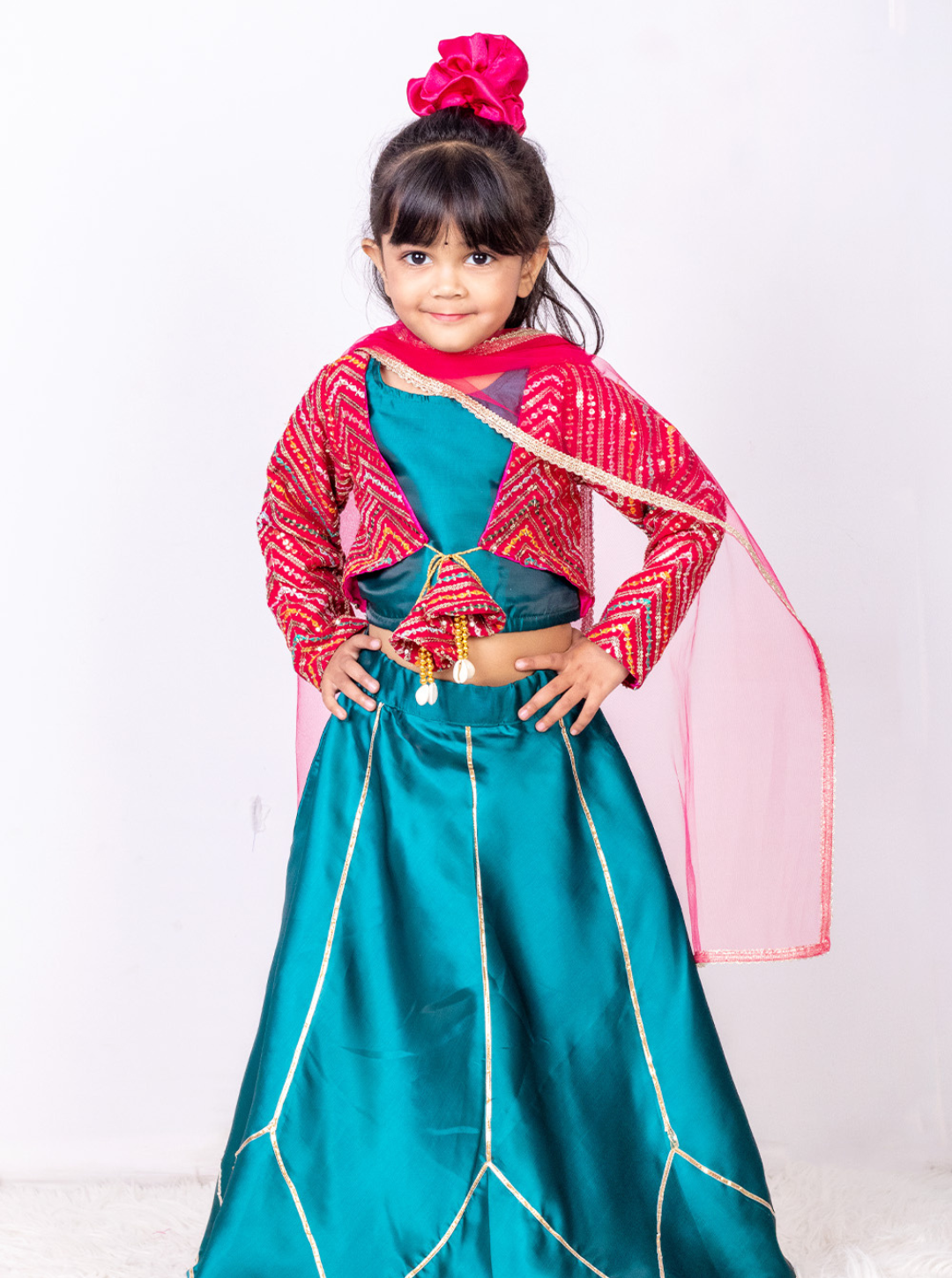 Peacock Green and Pink Silk Lehenga