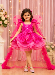 Kids Hot Pink Butterfly Frock with Detachable Trail