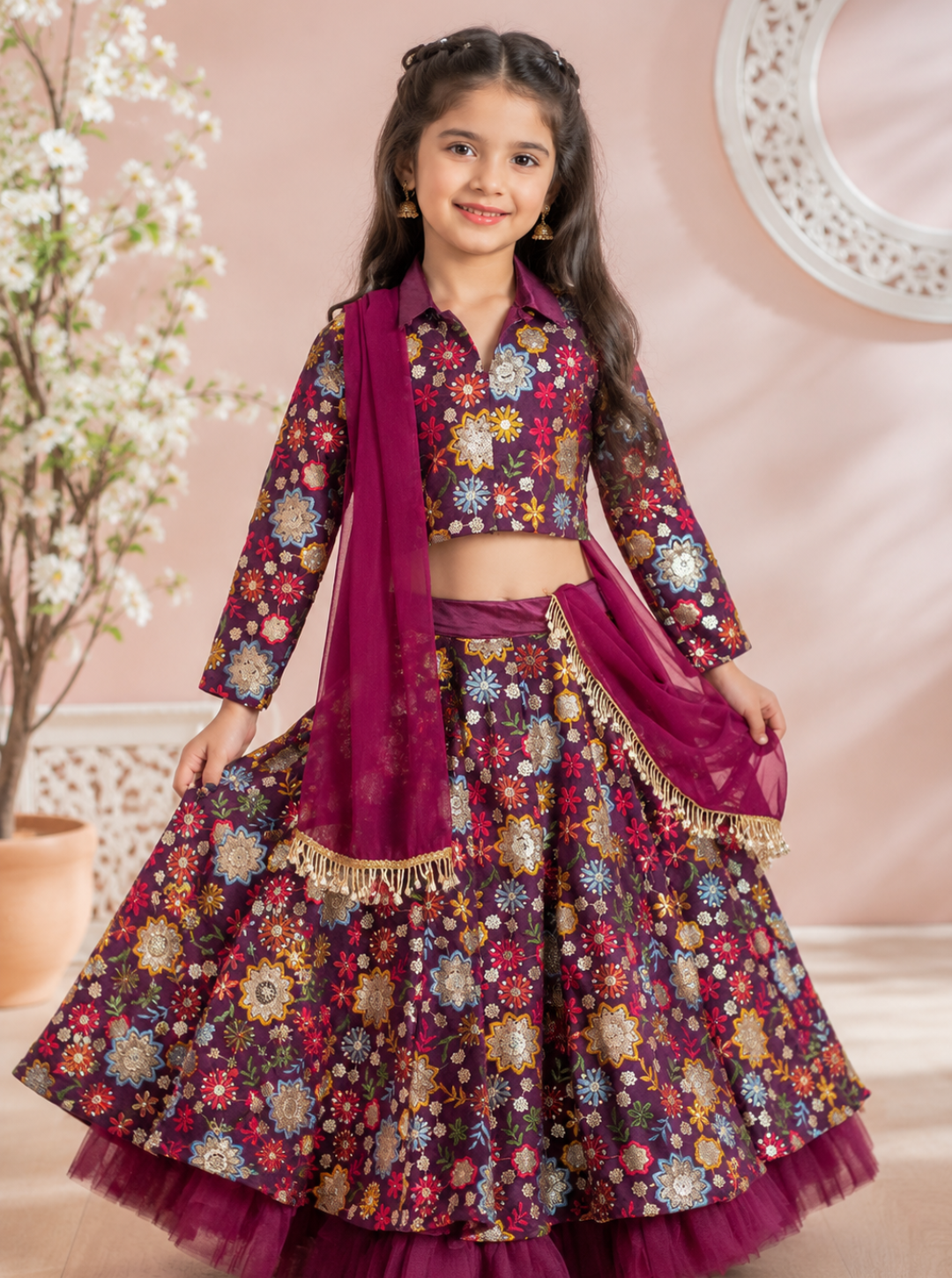 Wine Fully Embroidered Full Sleeves Lehenga