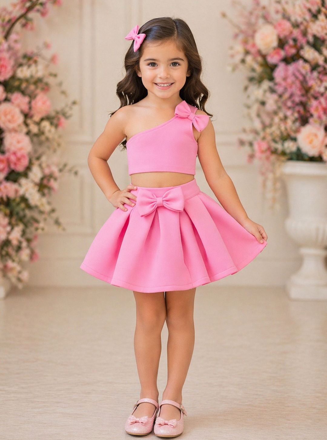 Pink Bow One Shoulder Skirt Top