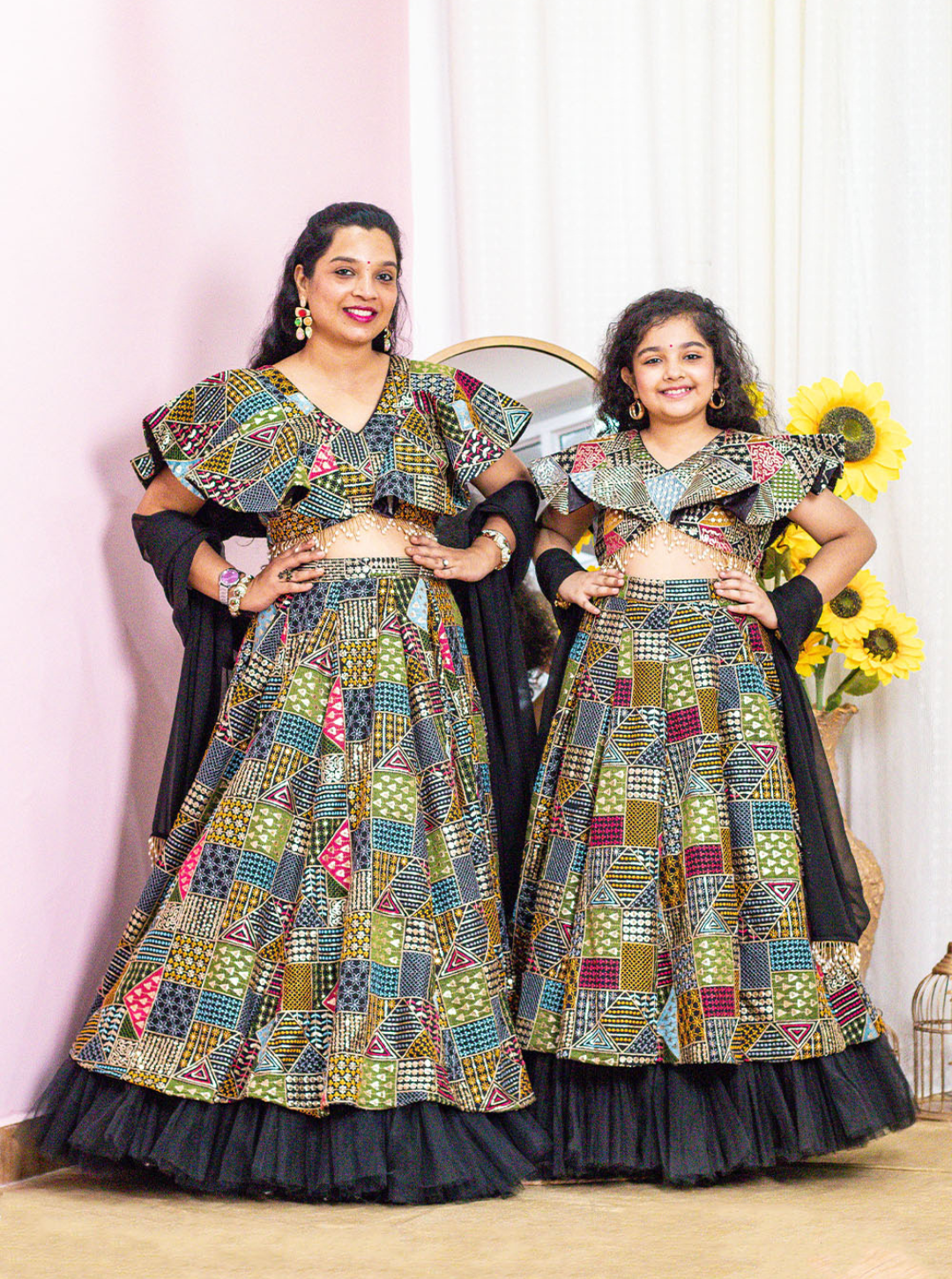 Black Thread Embroidered Mom and Daughter Lehenga Set