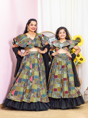 Black Thread Embroidered Mom and Daughter Lehenga Set