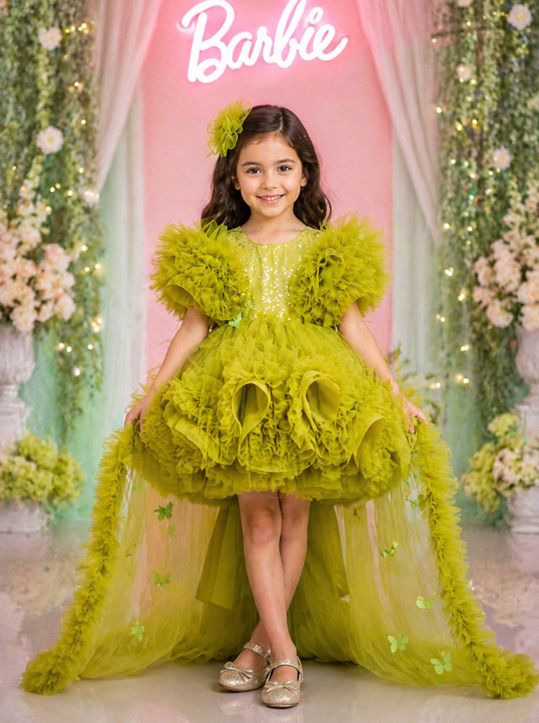 Green Barbie Dress with Trail
