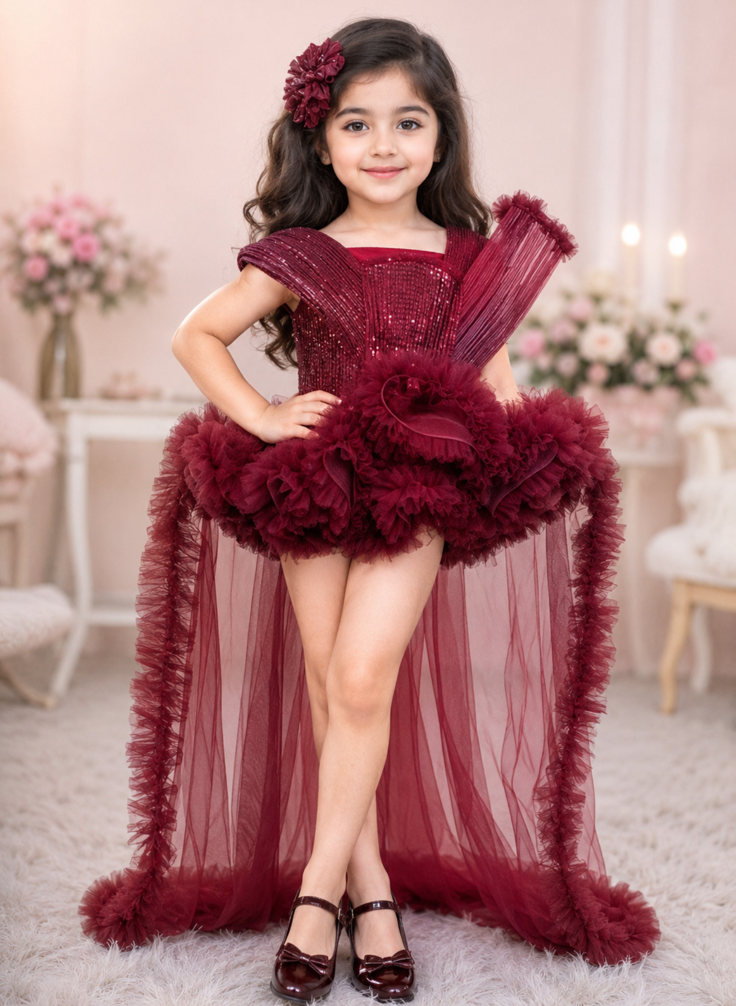 Maroon Princess Theme Ruffled Dress