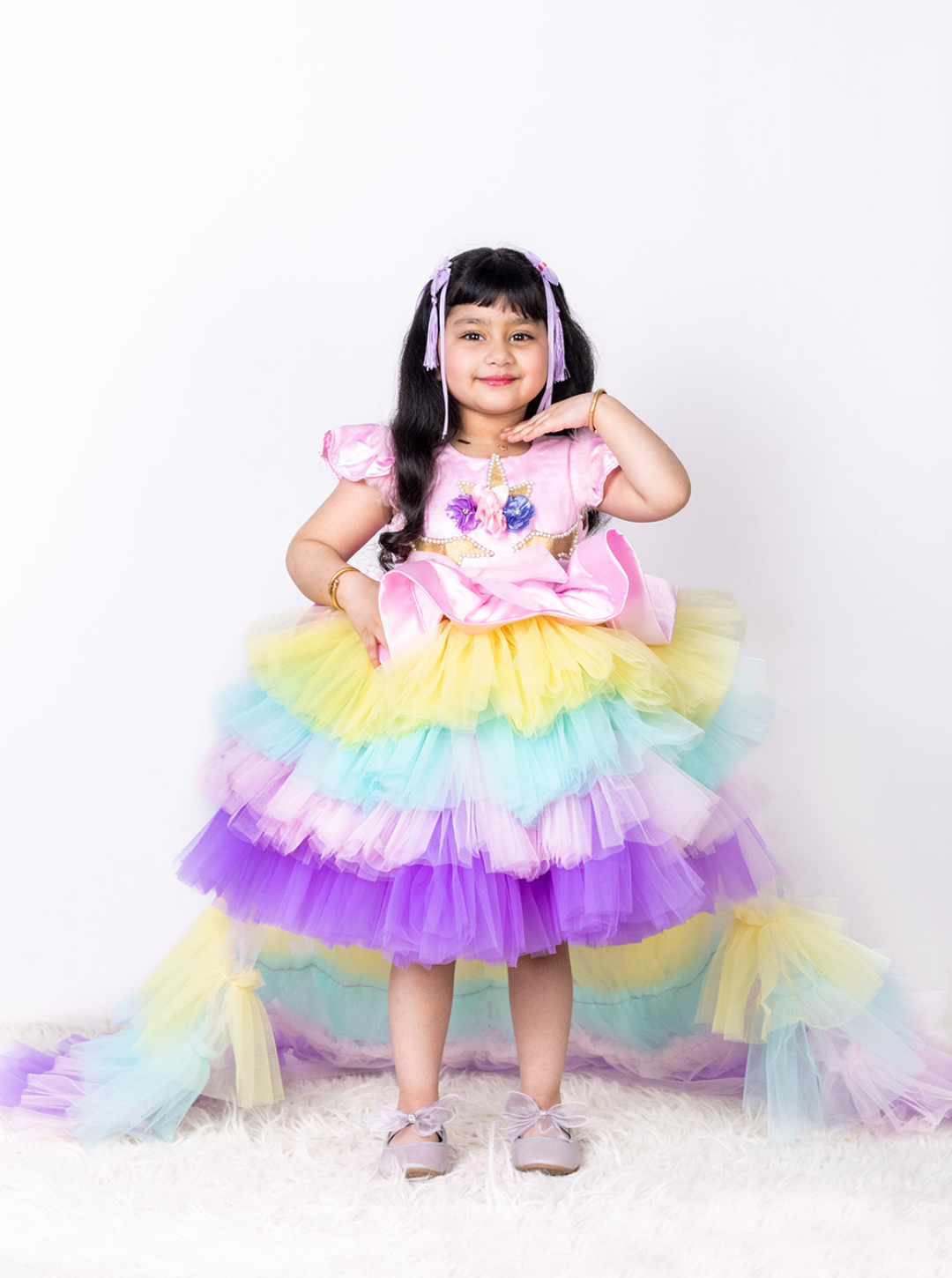 Beautiful Unicorn Theme Dress with Ruffled Trail