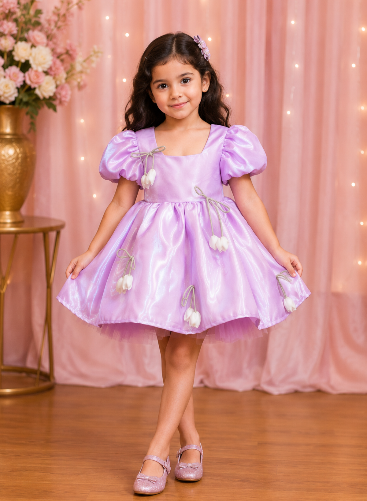 Lavender Satin Puff Sleeve Party Frock