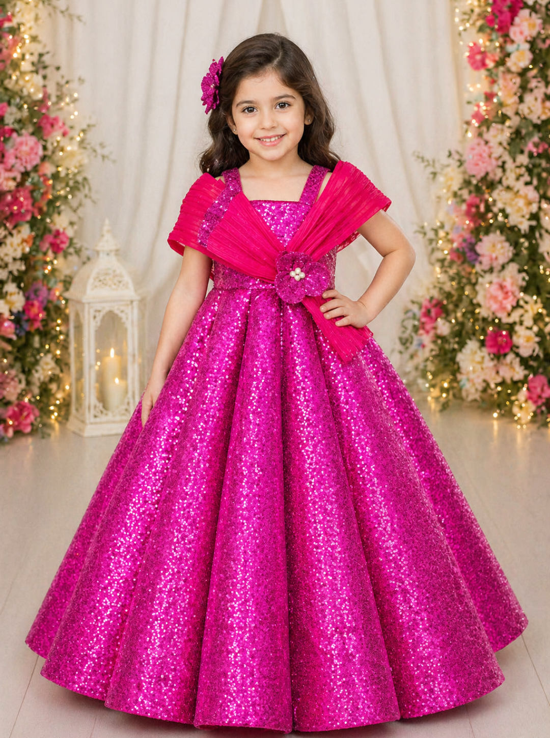 Hot Pink Heavy Sequins Ball Gown