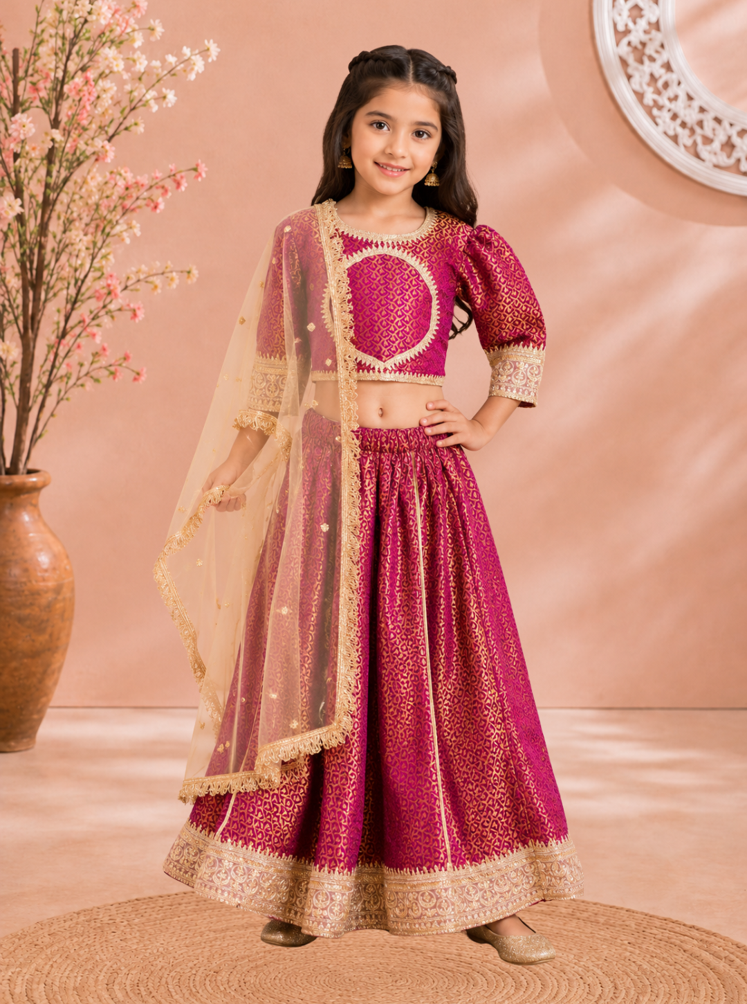Wine Brocade Lehenga with Net Dupatta