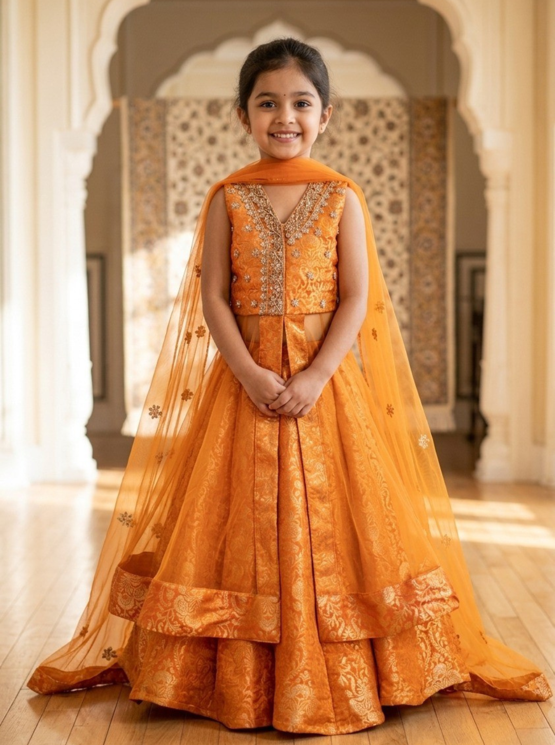 Mustard Brocade Jacket Lehenga For Girls