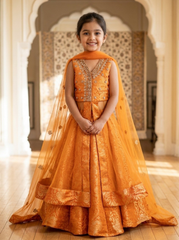 Mustard Brocade Jacket Lehenga For Girls