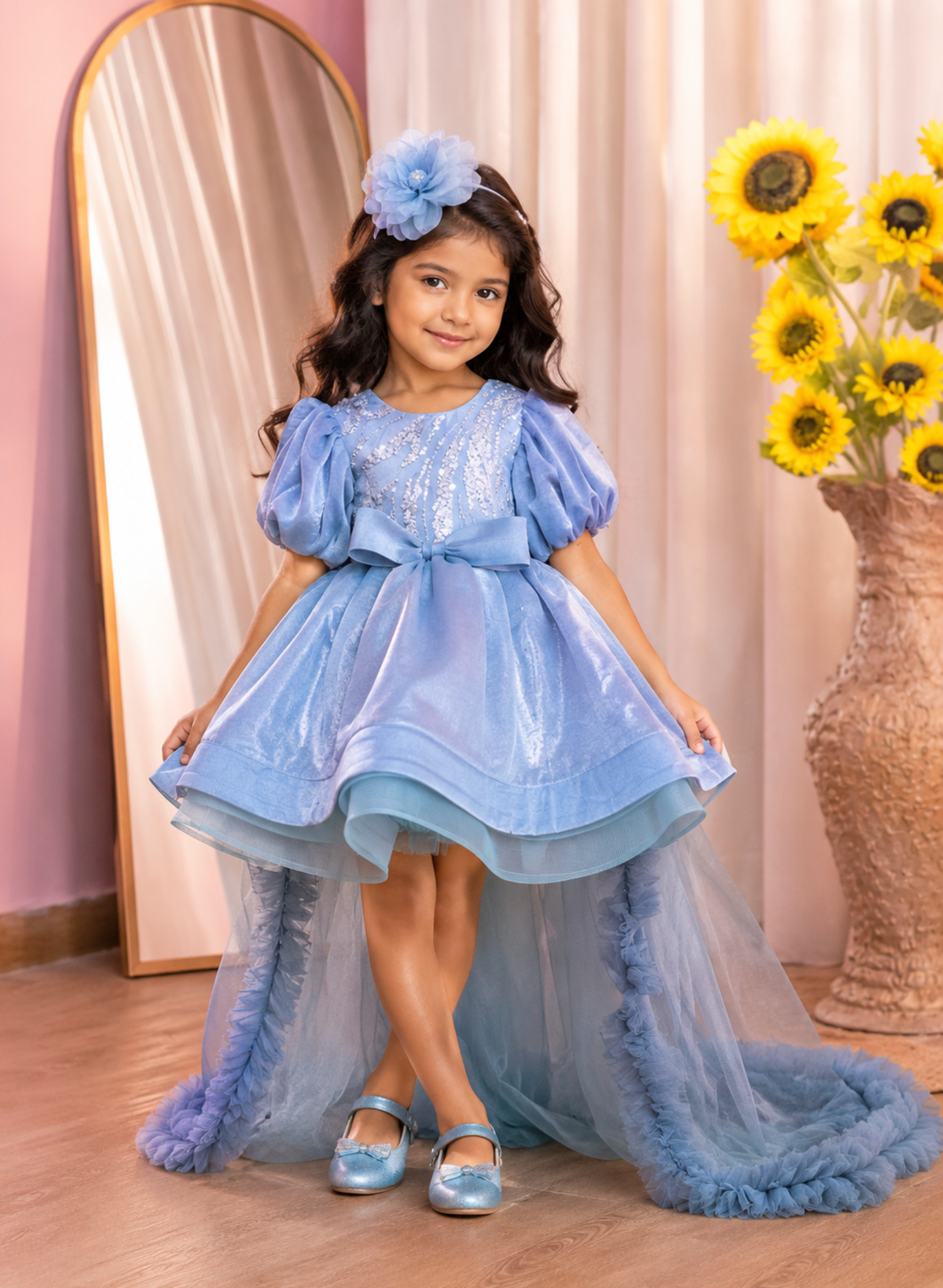 Grayish Blue Butterfly Organza Dress