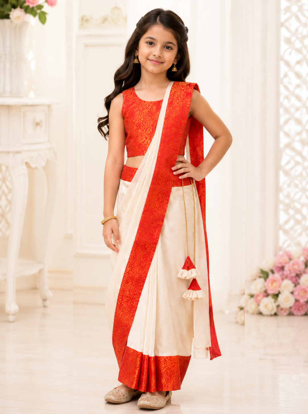 Durga Pooja Special Red And White Ready to Wear Saree