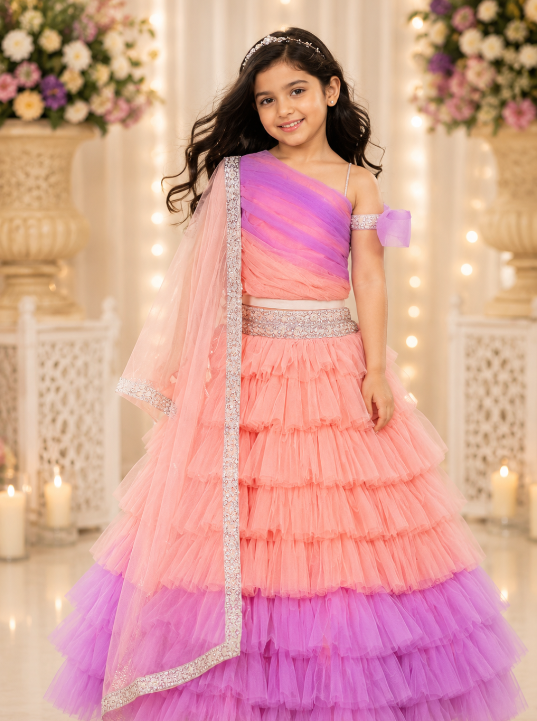 Peach and Lavender Ruffled Lehenga