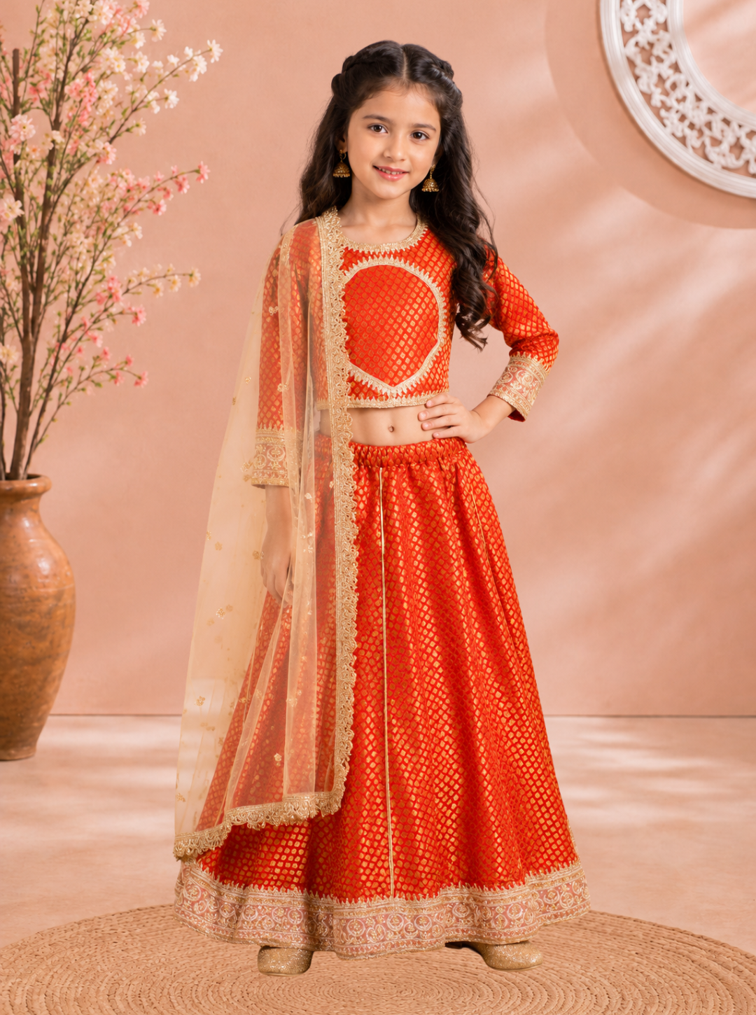Red Brocade Lehenga with Net Dupatta
