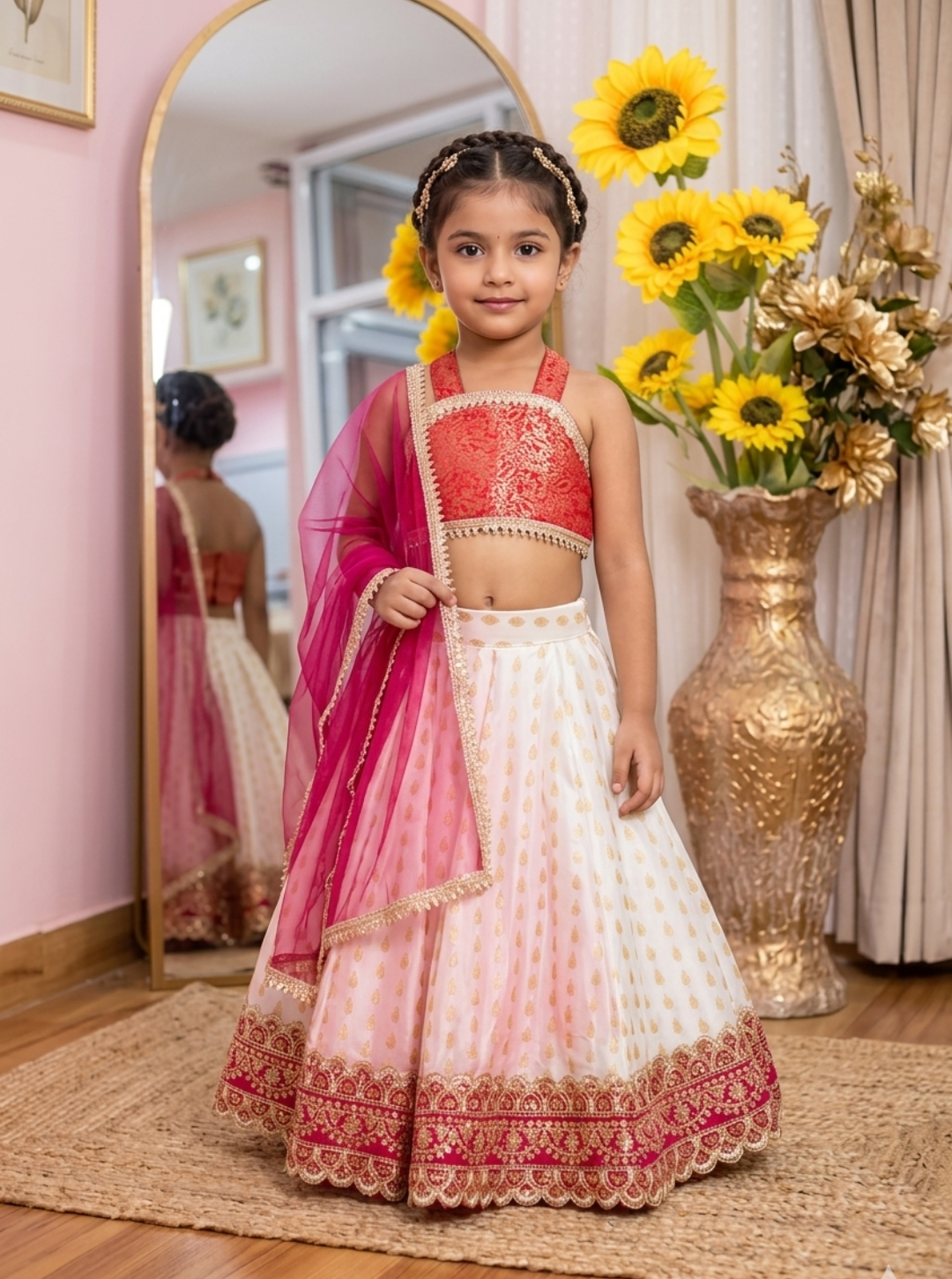 White Pink Brocade Kid Lehenga