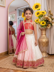 White Pink Brocade Kid Lehenga