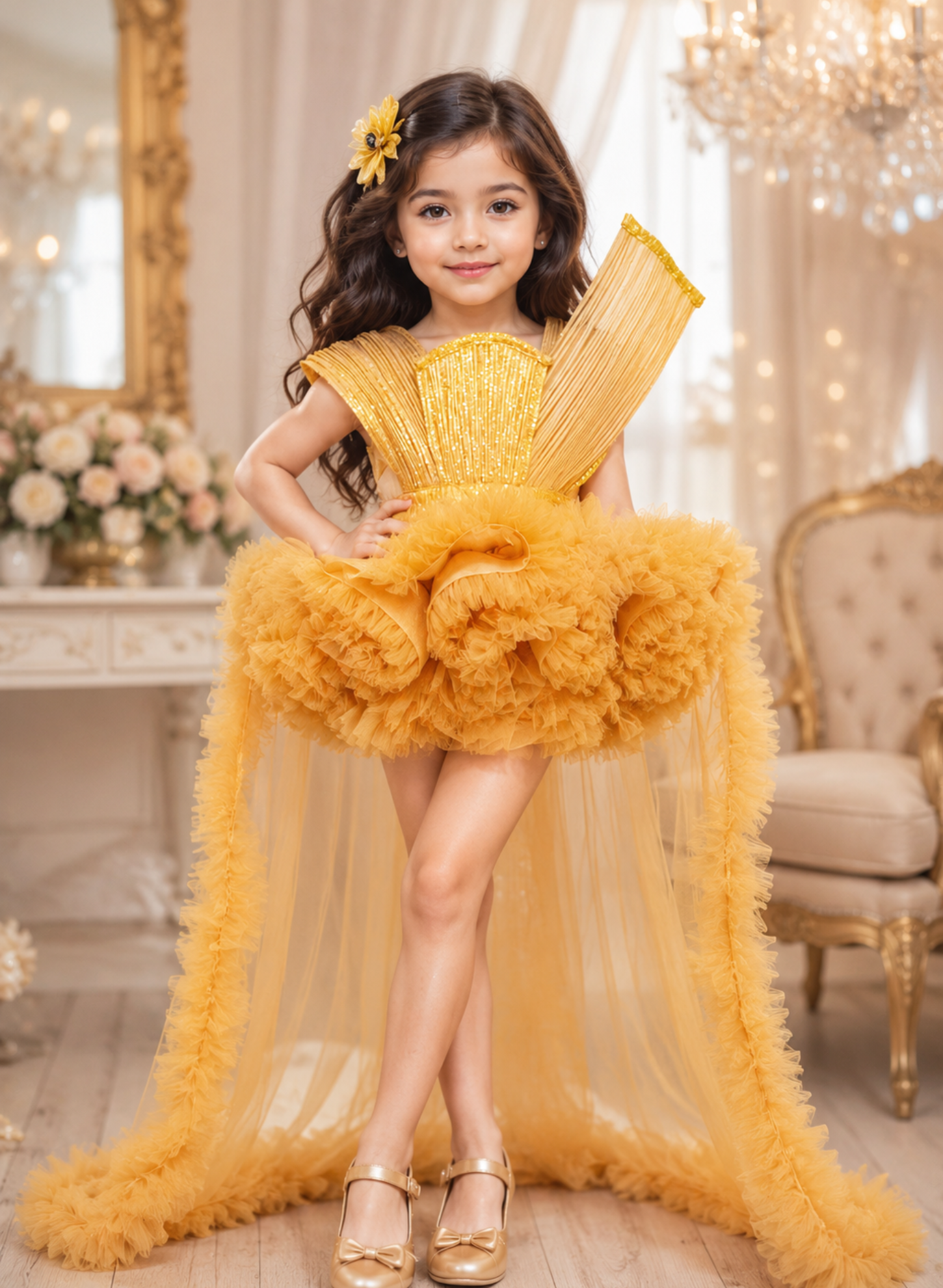 Golden Princess Theme Ruffled Dress