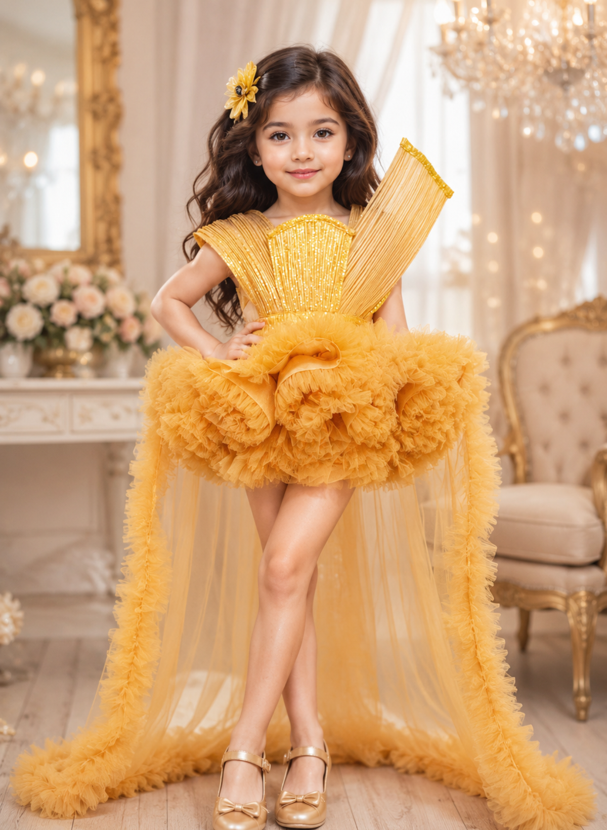 Golden Princess Theme Ruffled Dress