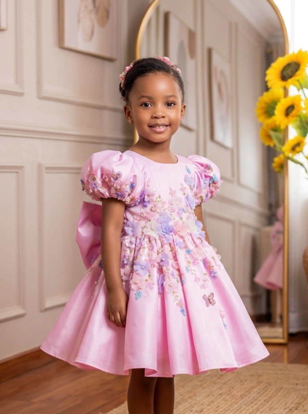 Pink Hand Embroidered Dress With Back Bow