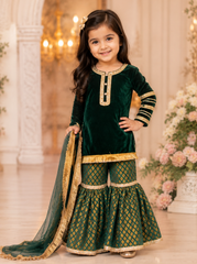 Bottle Green Velvet and Brocade Sharara Suit