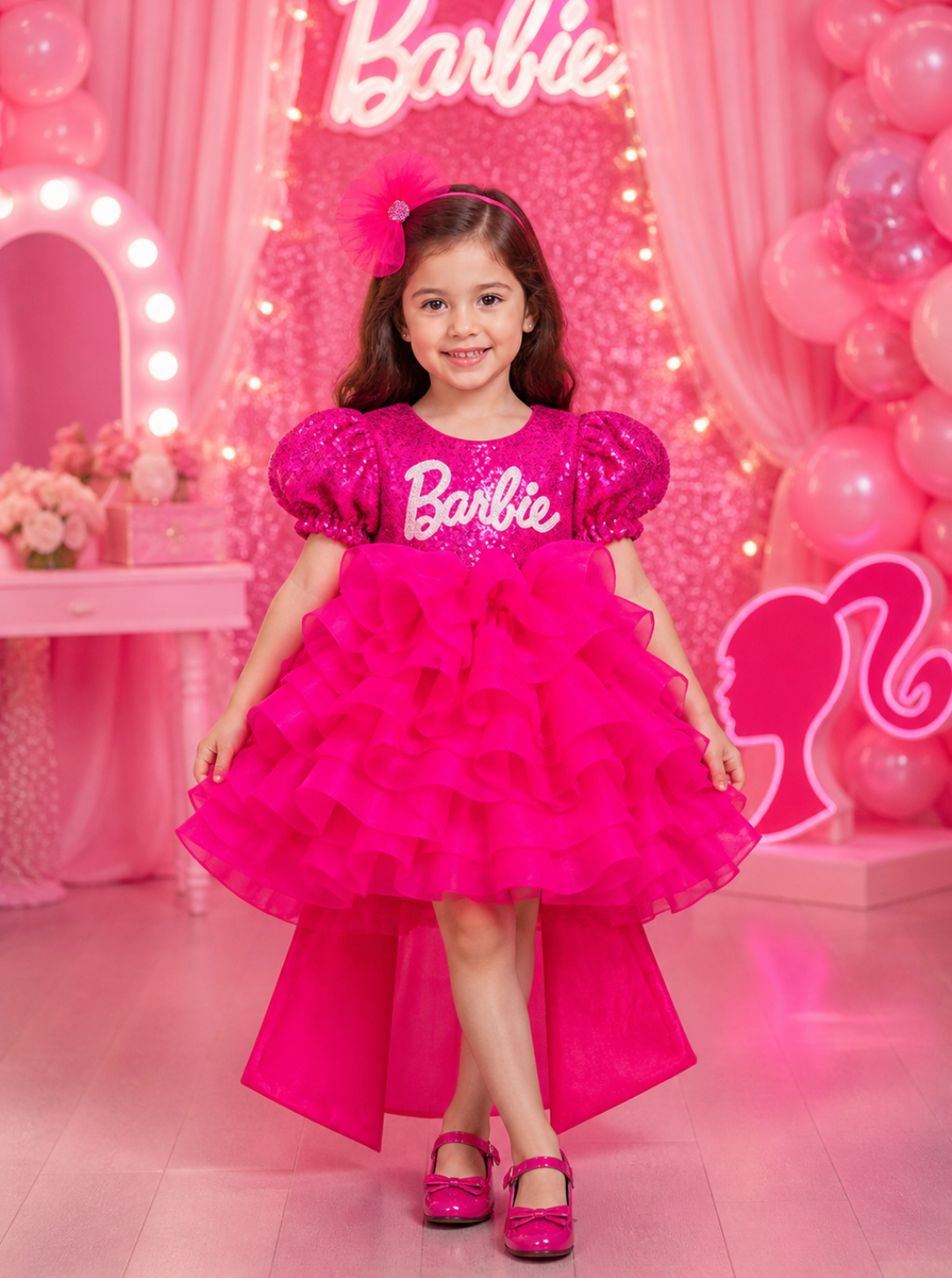 Hot Pink Sequins and Organza Barbie Dress with Customized Name