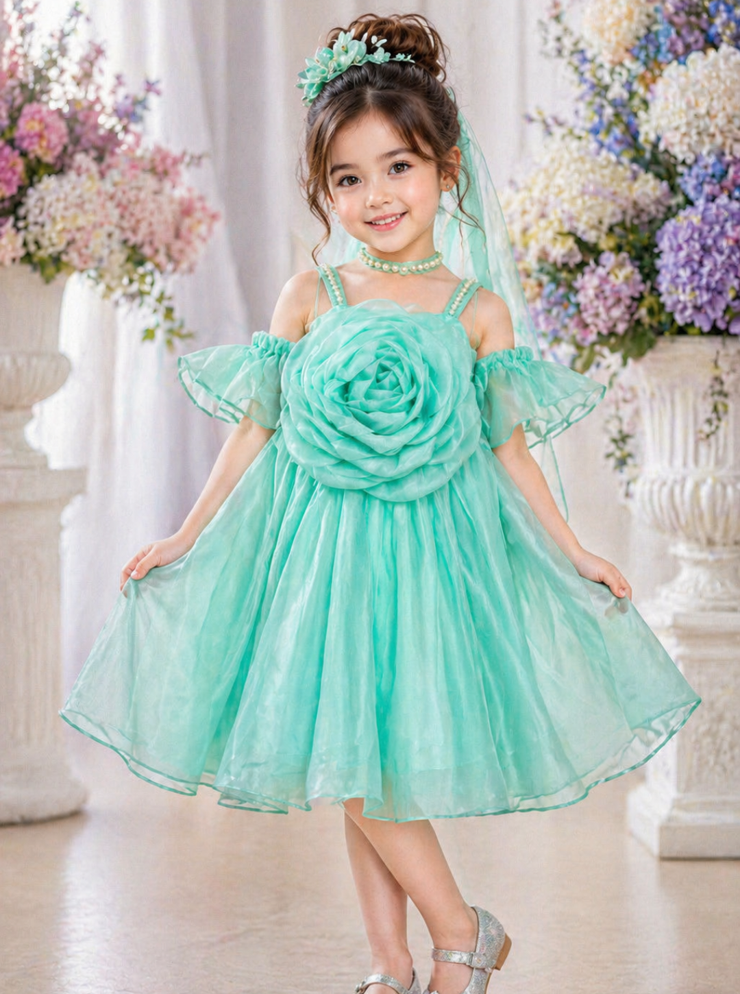 Sea Green Organza Rose Dress