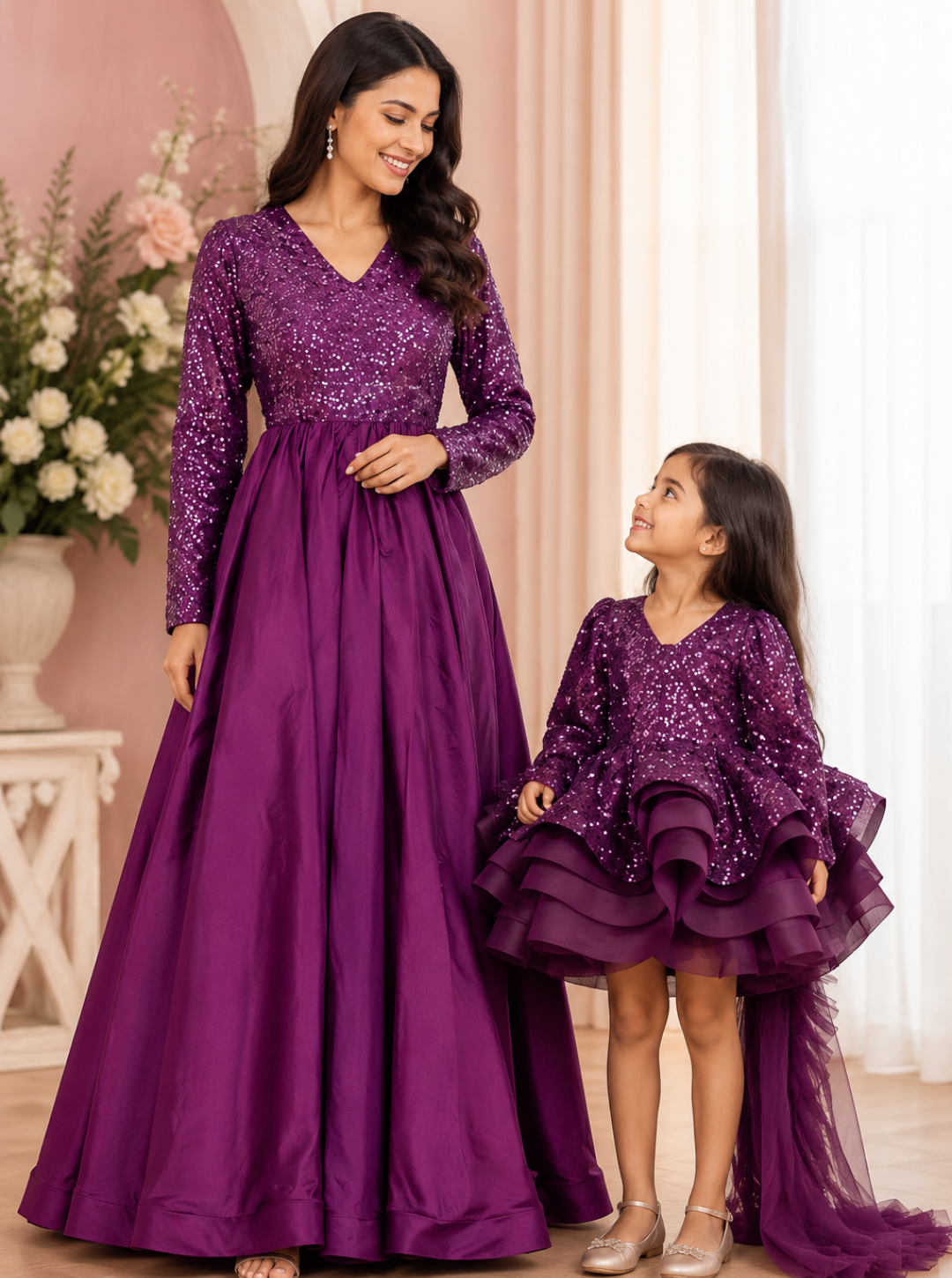 Wine Bead Work Mother Daughter Combo Dress