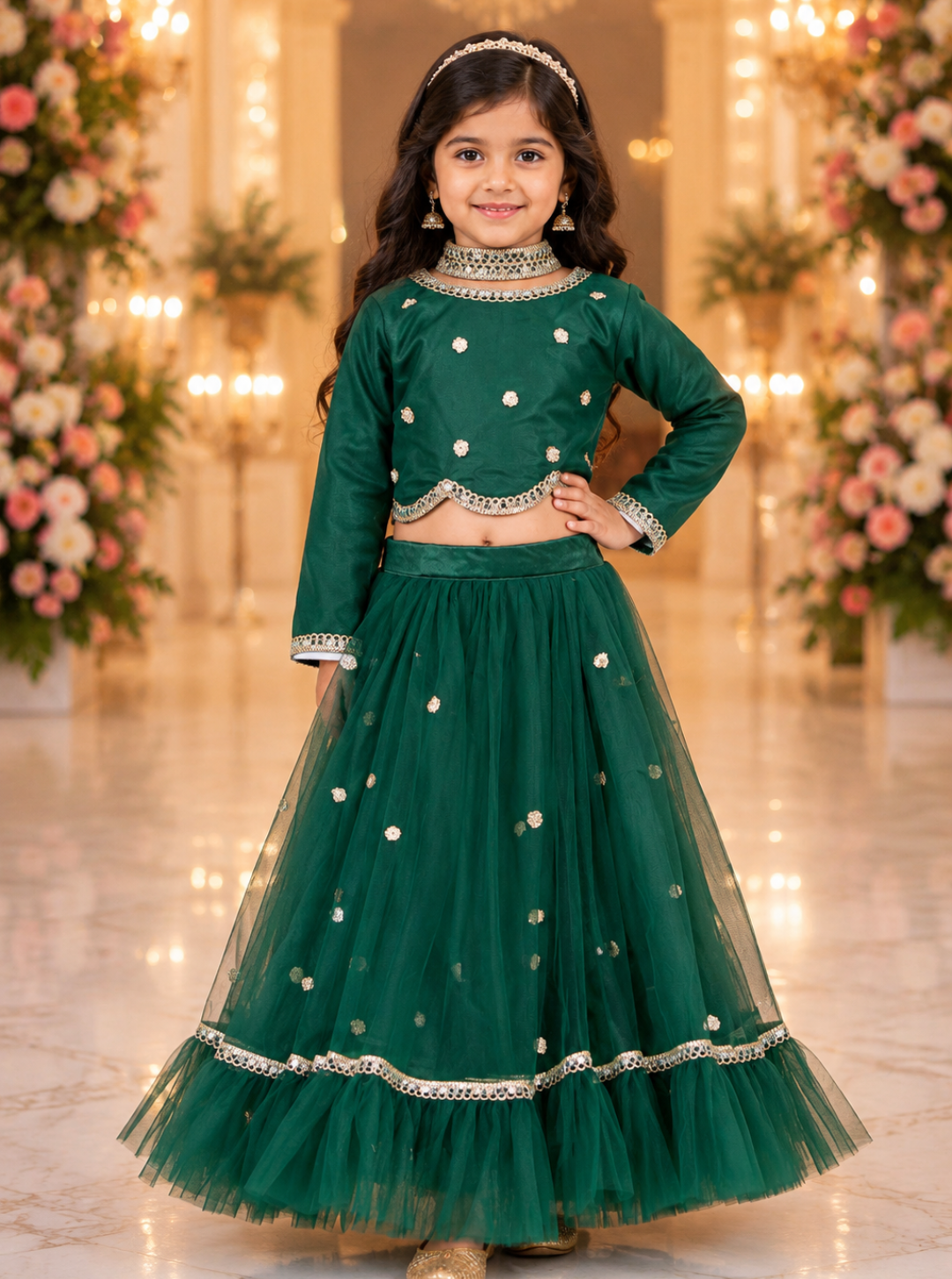 Bottle Green Net Lehenga Set
