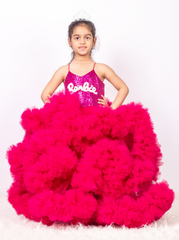 Hot Pink Barbie Theme Heavy Ruffled Dress