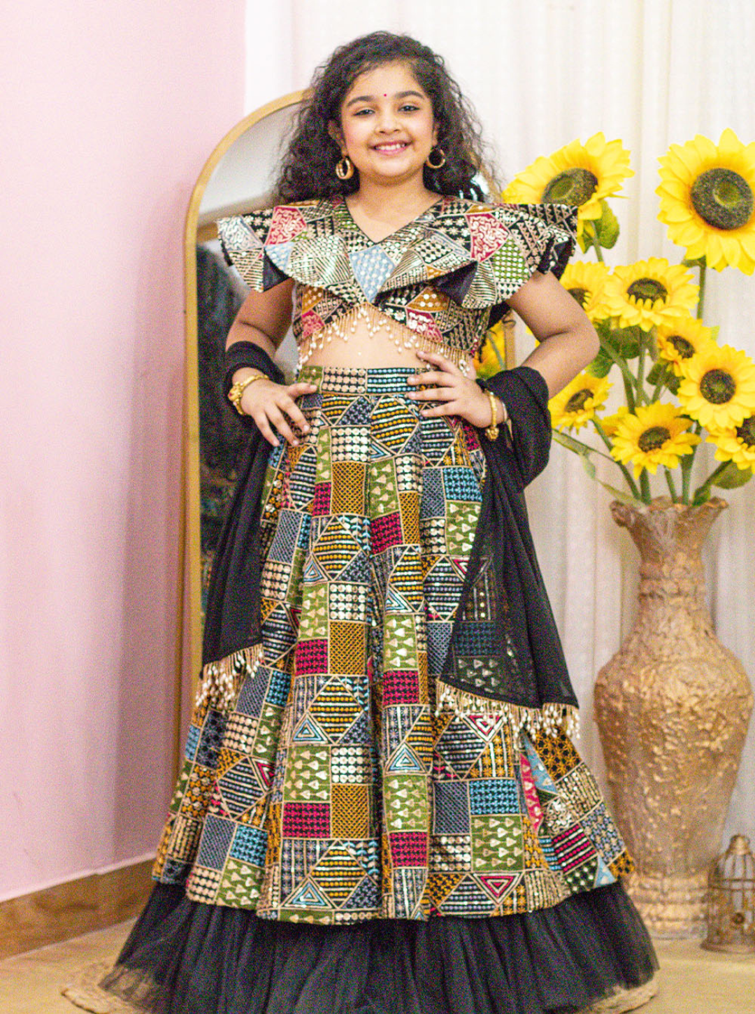 Black Thread Embroidered Kid Lehenga Set