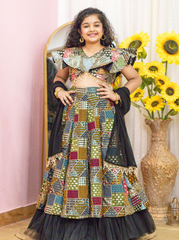Black Thread Embroidered Kid Lehenga Set