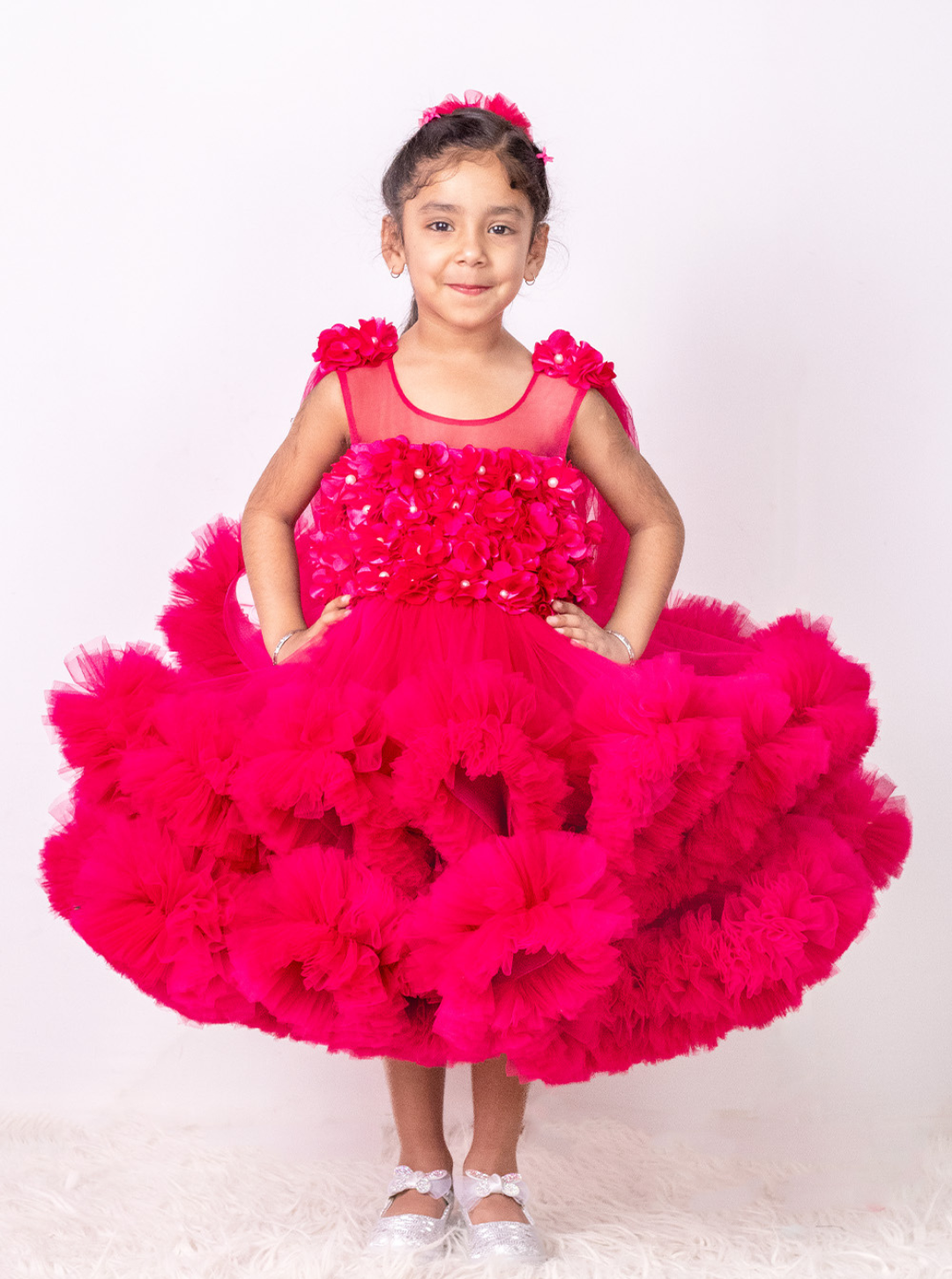 Magenta Heavily Ruffled Barbie Dress with long Sleeves
