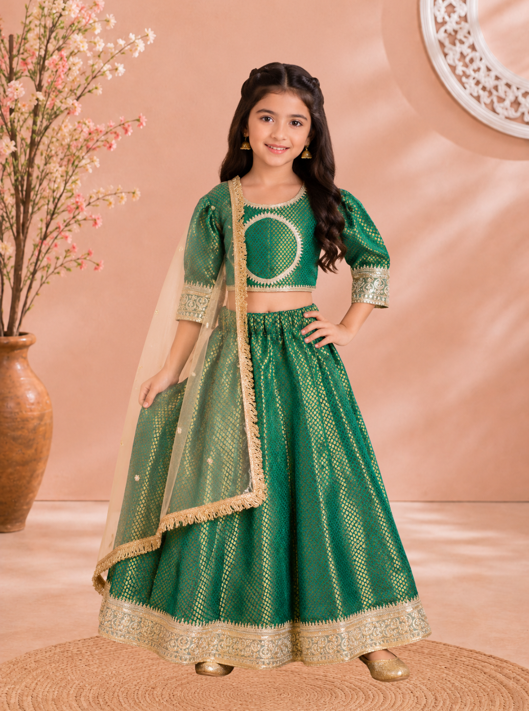 Green Brocade Lehenga with Net Dupatta
