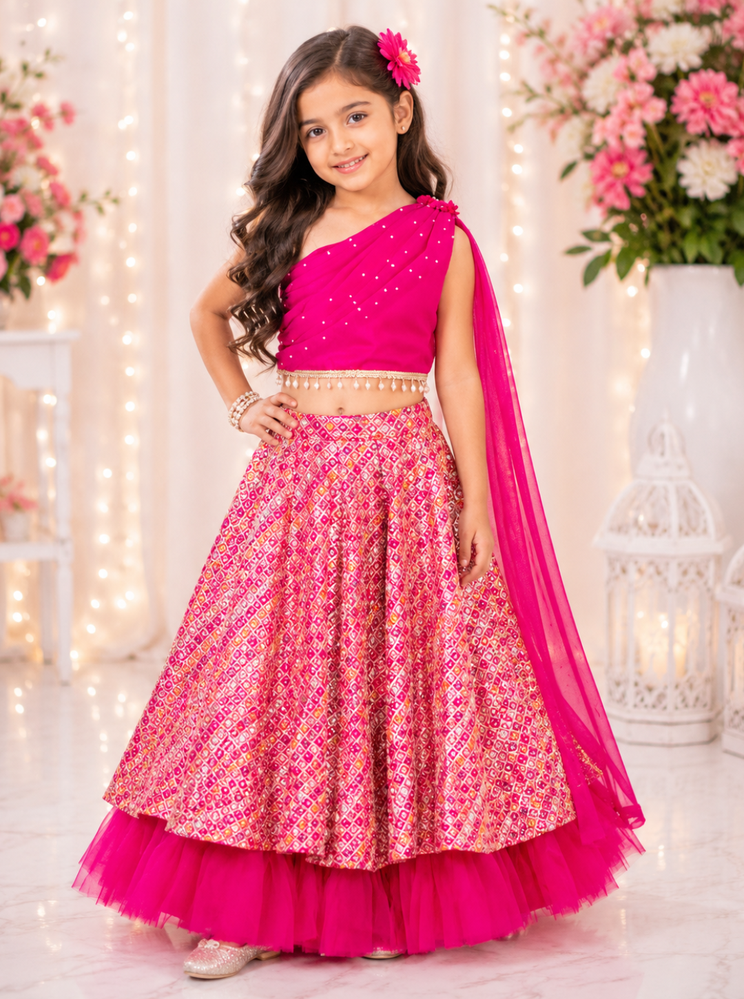Hot Pink Thread Embroidered Lehenga with Attached Dupatta