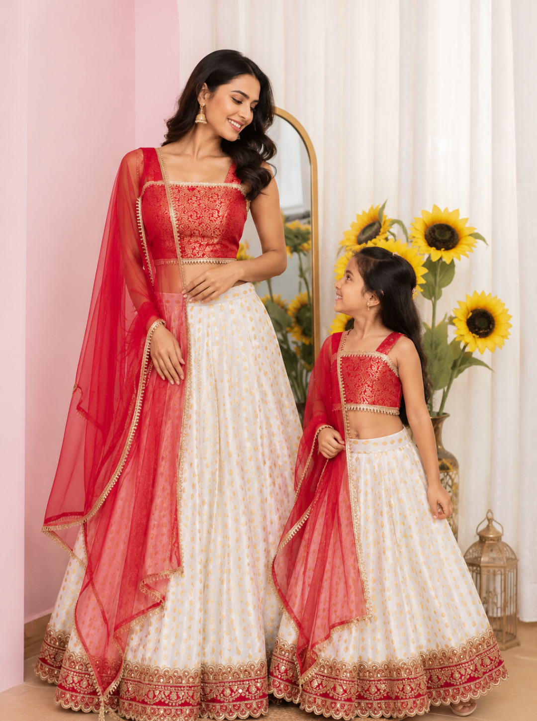 White Pink Mom and Daughter Lehenga Sets