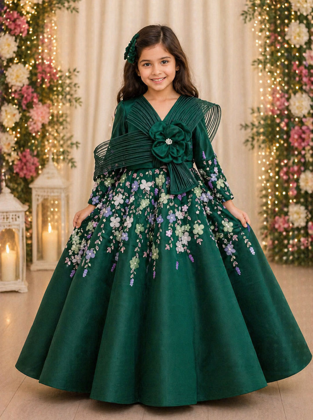 Bottle Green Hand Embroidered Ball Gown